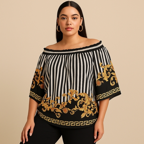 Ashley Stewart Off-the-Shoulder Baroque Stripe Blouse Size 14/16 NWT - Picture 1 of 4